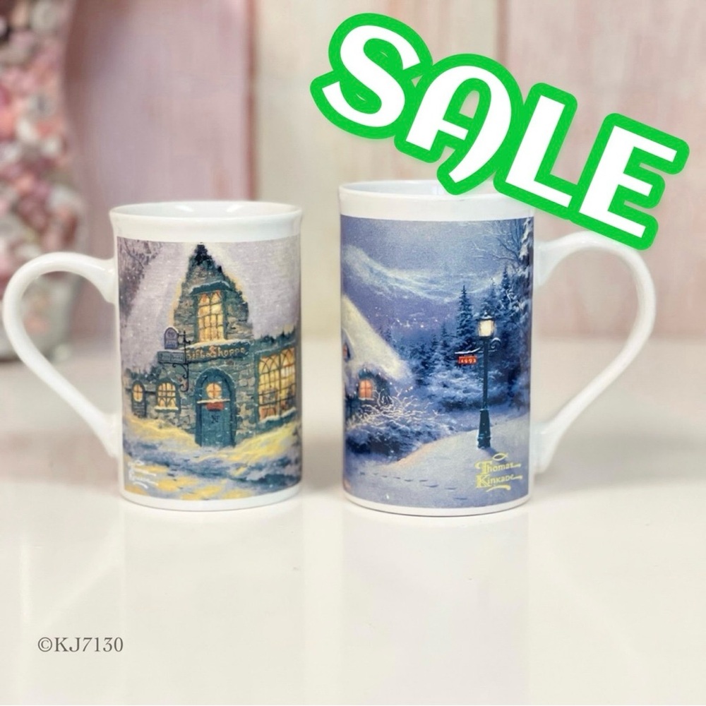 Vintage 1991 1992 Thomas Kinkade Ceramic Christmas Holiday Mug Set